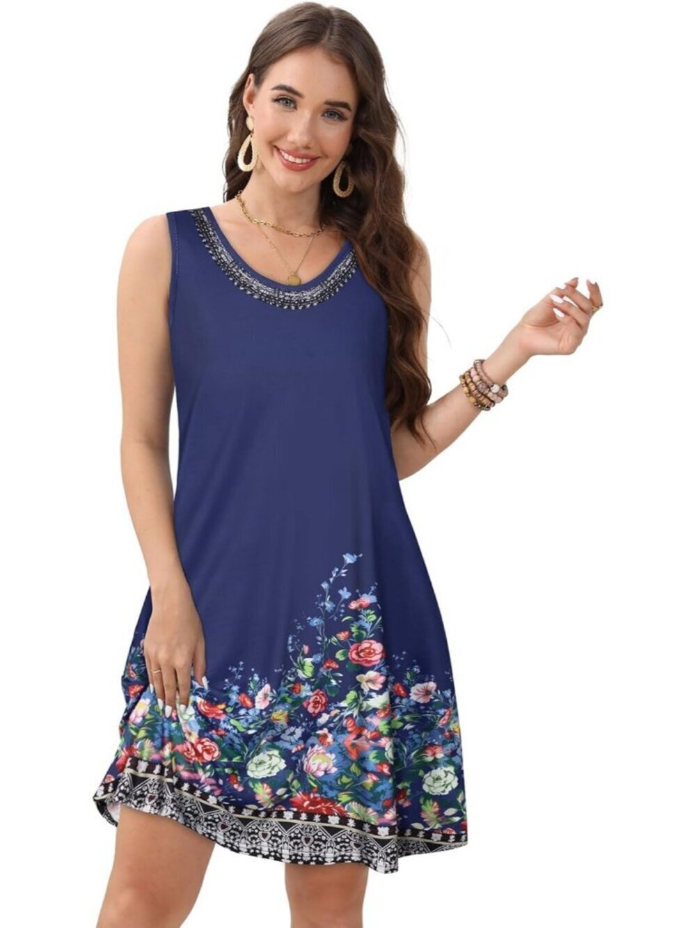 Women's Navy Blue Floral Casual Sleeveless Loose T Shirt V Neck Swing Mini Dress - Picture 5 of 6